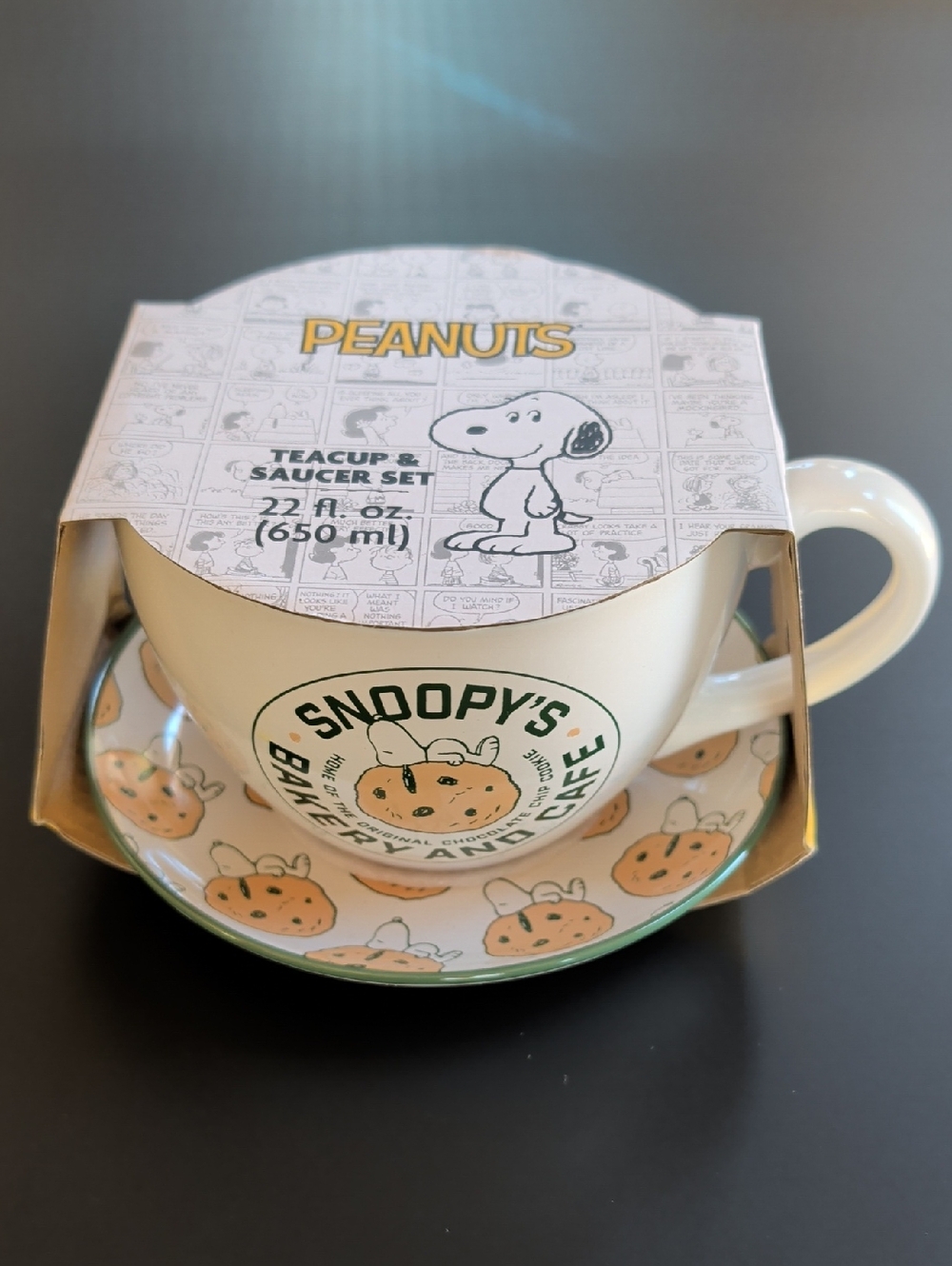 Peanuts Snoopy's Bakery Teacup & Saucer - White with Beige and Green Accents